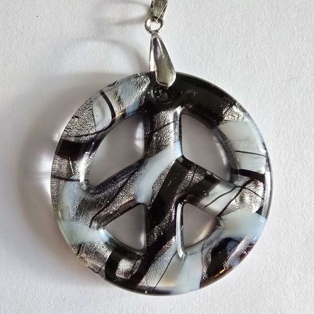 Peace sign pendant glass silver black grey gray metallic